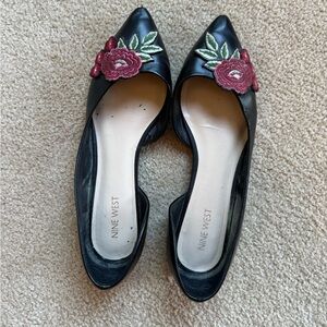Nine West Black Flats with Red and Green Floral Patch